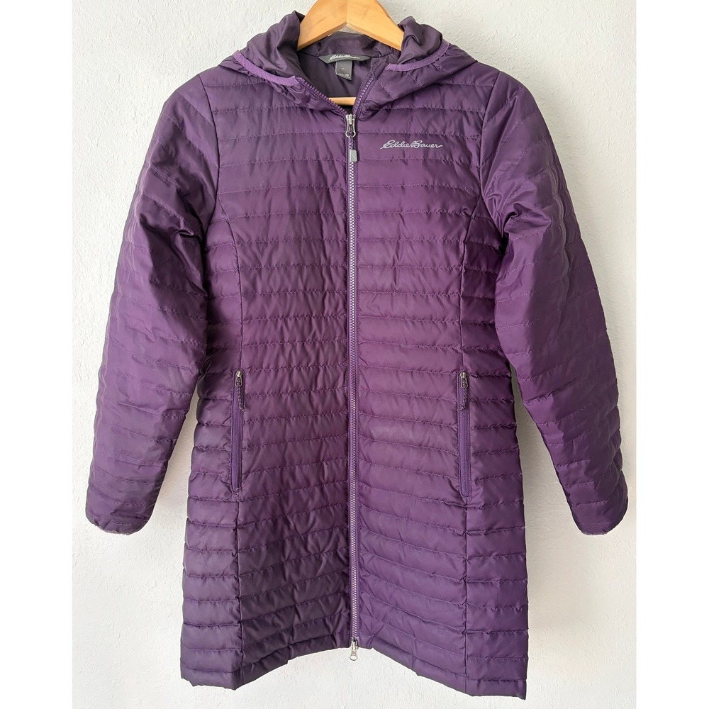 Eddie Bauer Women 650 Down Hooded Long Puffer Jacket XS Plum Purple Quilted Coat